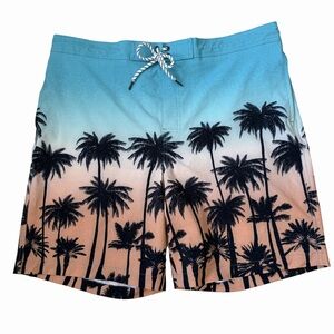 NWT Sonoma Sz XL Teal, Black and Orange Palm Tree Board Shorts Drawstring Pocket